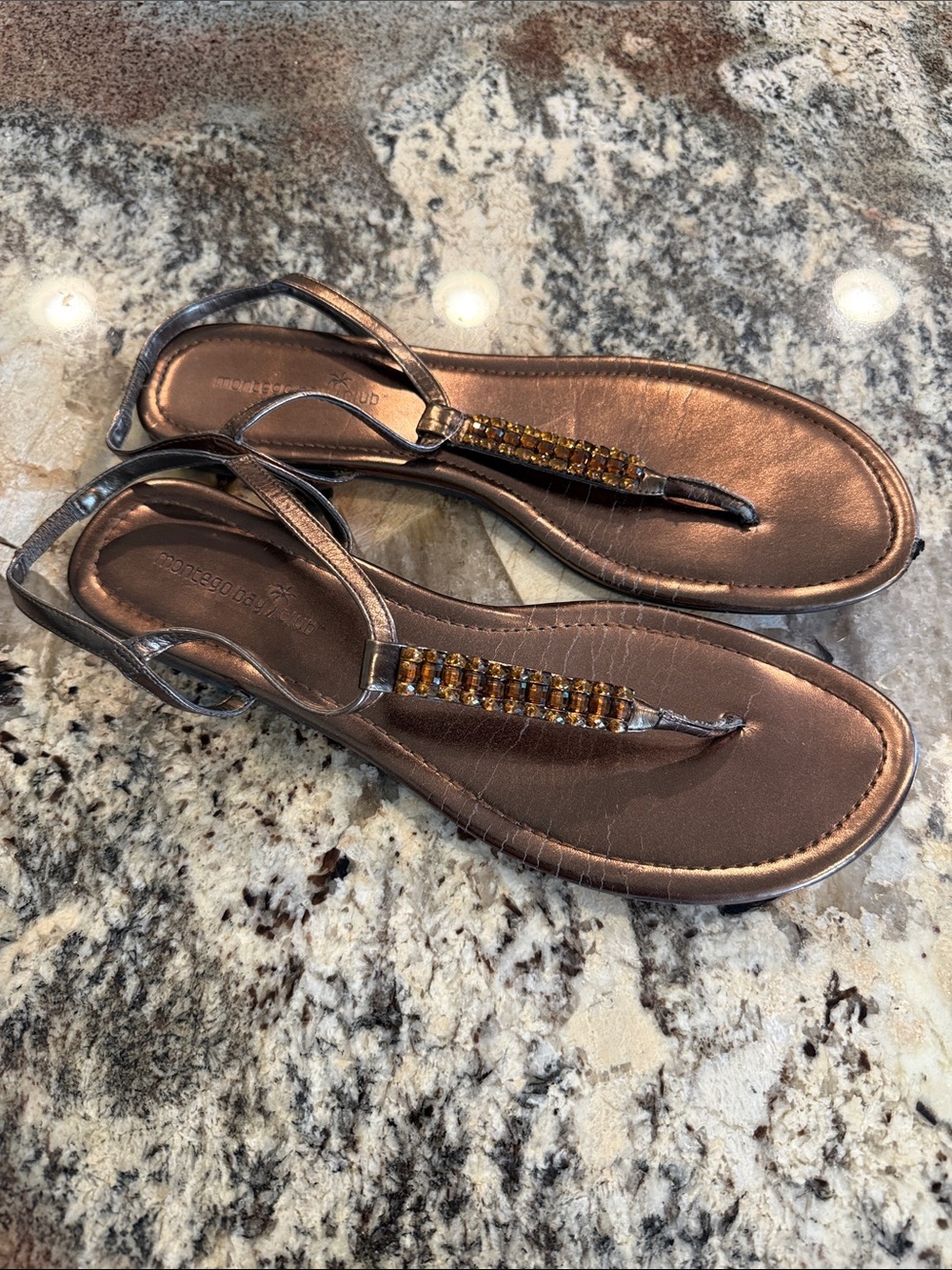 Metallic Bronze T-Strap Women's Sandals with Amber Beading